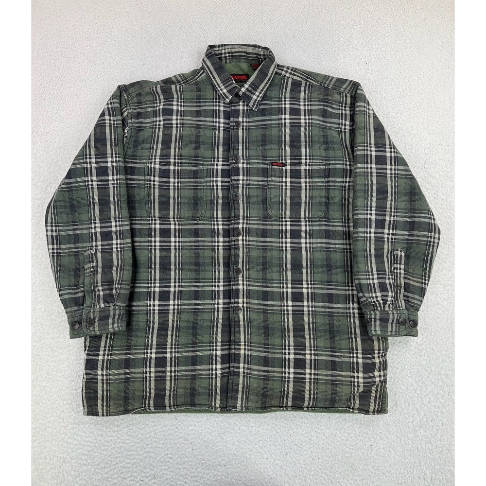 Wolverine Shirt Jacket Mens XL Green Fleece Lined Flannel Workwear Outdoor
